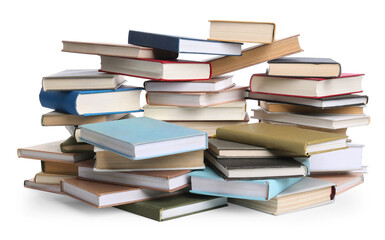 Group of different stacked books isolated on white