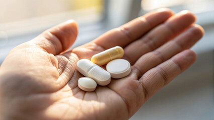 hand gently hold a pill and capsule of medicine, suggesting health or treatment and care
