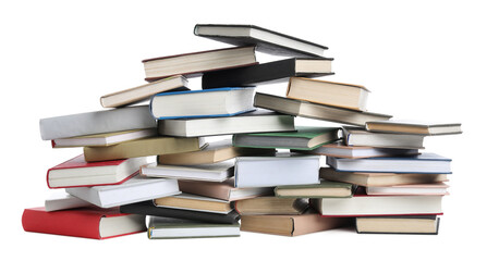 Group of different stacked books isolated on white