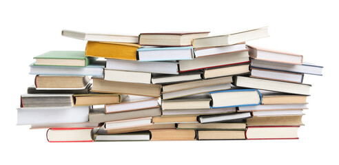 Group of different stacked books isolated on white