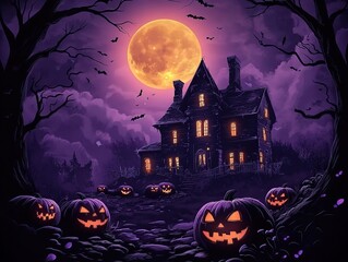 Halloween haunted house scene vector illustration with pumpkins, full moon, and purple hues, creating a mystical cartoon atmosphere for holiday backgrounds, digital design, and social media.
