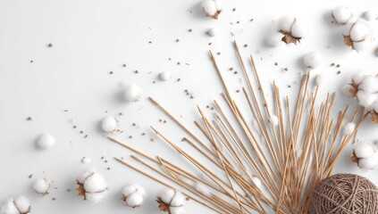 A captivating arrangement of fluffy white cotton bolls, light brown stalks, and a ball of beige yarn creates a serene and stylish aesthetic on a plain white background.