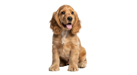 Isolated adorable Cocker Spaniel puppy sitting, showing tongue, looking ahead sweetly