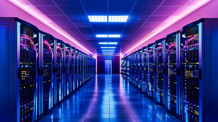 Rows of glowing server racks in a modern data center illuminated by vibrant pink and blue neon lights creating a futuristic atmosphere