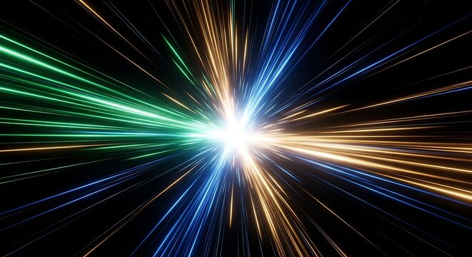 Multicolored Light Streaks Exploding from Center in Dark Space abstract speed