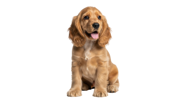 Isolated adorable Cocker Spaniel puppy sitting, showing tongue, looking ahead sweetly