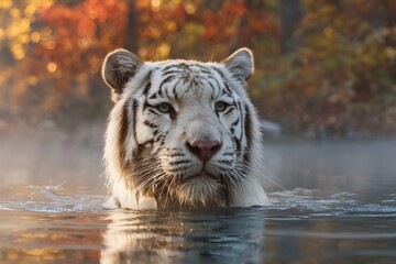 A white tiger emerges from a misty lake at dawn in autumn, with colorful autumn leaves reflecting on the water