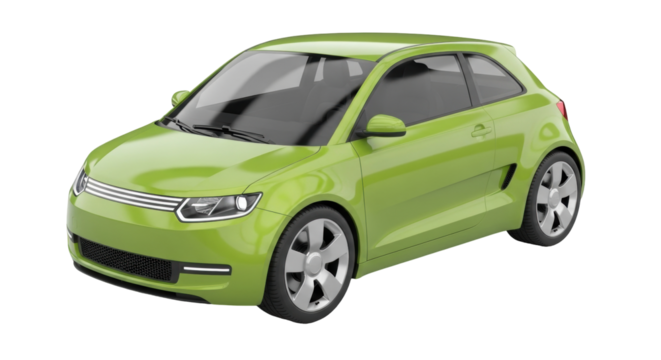 Isolated green subcompact car ready for sustainable transportation technology design