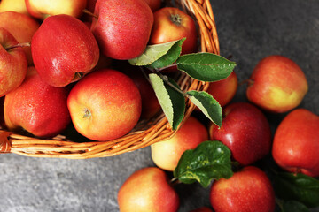 Fresh ripe apples in basket on grey table, flat lay