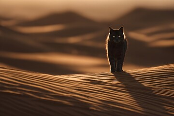 A black cat stands on a sand dune, its gaze focused directly towards the camera. The surrounding landscape glows in orange and brown, with soft shadows stretching across the textured dunes