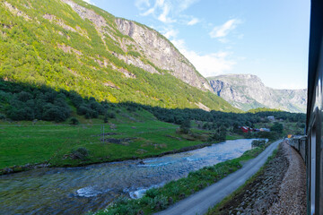 Views seen from the famous railway Flamsbana, which is the steepest standard gauge railway line in...