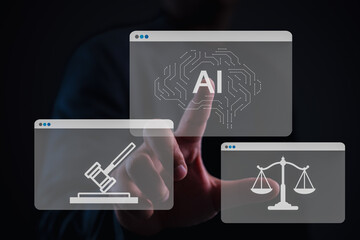 AI law and ethics concept. Businessman touching virtual interface with artificial intelligence, gavel, and justice scale icons. Legal regulation and responsible AI technology.