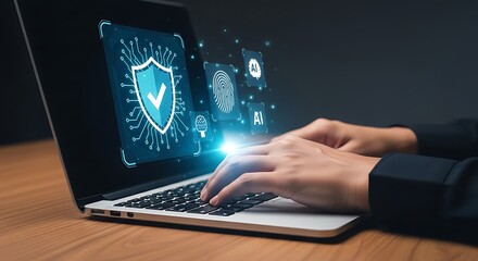 Person Typing on Laptop with Digital Security Shield and AI Icons cybersecurity hands