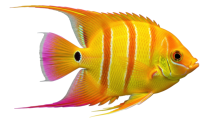 Isolated angel fish with vibrant colors, stripes, and delicate fins against neutral backdrop