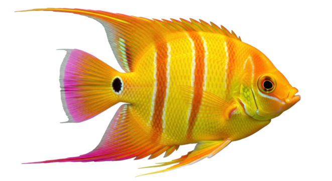 Isolated angel fish with vibrant colors, stripes, and delicate fins against neutral backdrop