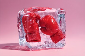 Image of frozen red boxing gloves encased in ice cubes, on a pink background, with cinematic lighting and pastel tones, hyperrealistic image