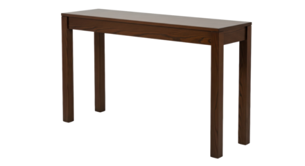 Isolated, narrow wooden console table with a top, supported by four strong legs, indoors