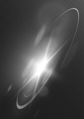 glowing white flare with light rays and shining halo on dark transparent background
