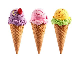 Three ice cream cones with different flavors, on black background