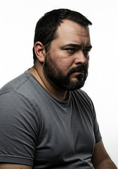 Obraz premium Overweight man with facial hair and acne scars, thoughtful pose, white background