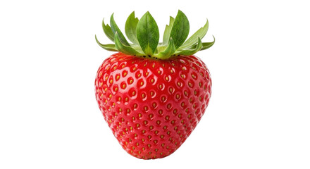 Isolated fresh strawberry with green leaves, single berry close-up, a sweet and juicy fruit
