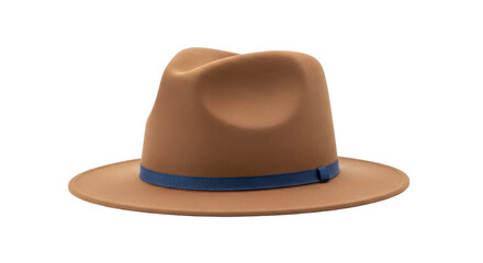 Isolated brown felt fedora hat with a blue band for a classic and stylish look