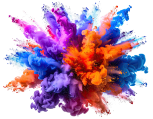 Exploding cloud of vibrant, swirling colors against a solid black backdrop