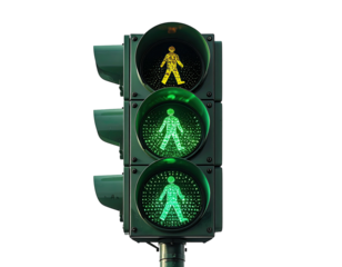 Pedestrian traffic lights showing walk signal, two walking, one caution icon