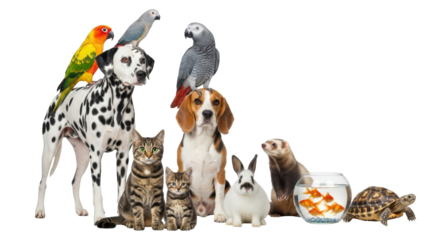 Isolated group of domestic pets together including a Dalmatian, parakeets, beagle, and rabbit