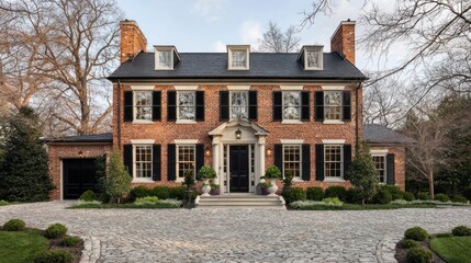 Elegant brick house with dark shutters