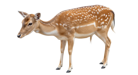 Isolated Fallow Deer Standing, Side View - graceful mammal with spotted coat, elegant stance