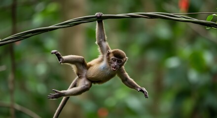 A nimble juvenile monkey playfully hangs from a twisting jungle vine bathed in soft natural forest light