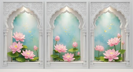 Triptych of Pink Lotus Flowers in Arched Niches with Golden Fish water lily