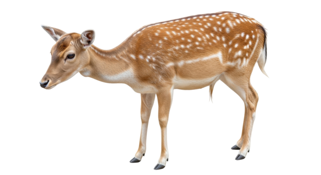 Isolated Fallow Deer Standing, Side View - graceful mammal with spotted coat, elegant stance
