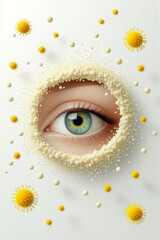 Surreal human eye surrounded by allergens and pollen particles
