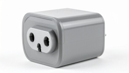 Gray electrical plug adapter with rounded rectangular design and universal socket configuration for editorial travel accessories international compatibility and utility-themed visuals