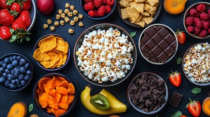 Popcorn, dark chocolate, veggie chips, and fresh fruit slices on a cozy table. Colorful vegan snacks for a movie night.