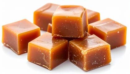Cluster of six glossy caramel candies with golden-brown color on white background for editorial confectionery food photography and sweet treat-themed visuals