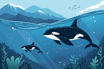 Stunning Orcas Swimming Deep Sea Bold Marine Professional Photo