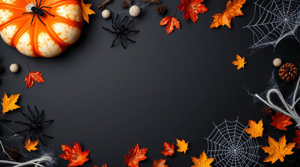 Halloween with spiders, decorations, and cobwebs on a black background. Top view with copy space.
