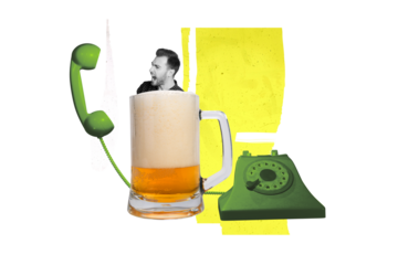 Composite photo collage of angry man peek beer glass scream courier service telephone handset line delivery isolated on painted background