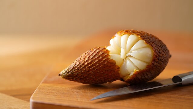 Sliced sapote fruit on wooden cutting board