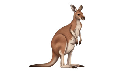 Isolated kangaroo standing upright on two legs with a long tail and small forelegs