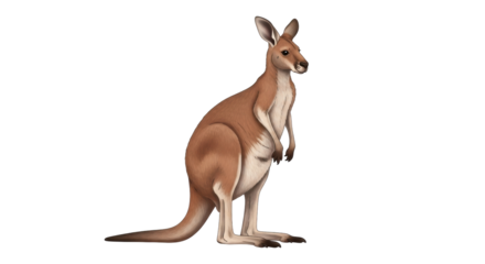 Isolated kangaroo standing upright on two legs with a long tail and small forelegs