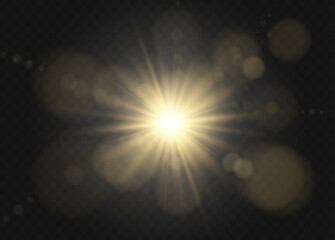 Glowing sunburst light effect. Soft golden flare with radial blur. Bright sunlight halo on white background.	
