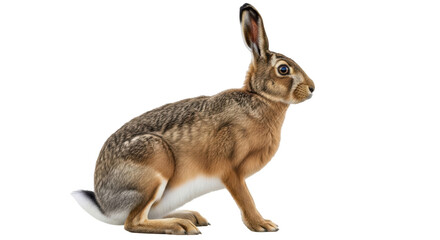 Isolated Alert Brown Hare Sitting Upright Profile Studio Shot Looking Right, Hare Species