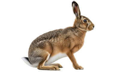 Isolated Alert Brown Hare Sitting Upright Profile Studio Shot Looking Right, Hare Species