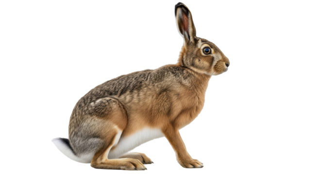 Isolated Alert Brown Hare Sitting Upright Profile Studio Shot Looking Right, Hare Species