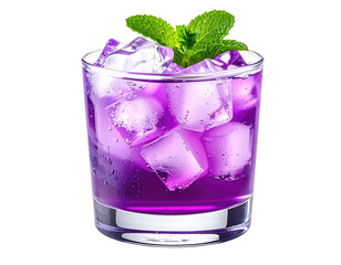 A vibrant purple cocktail with ice cubes and mint garnish in a clear glass