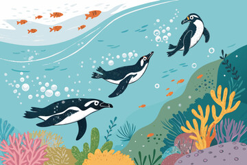 Featuring Penguins Diving Underwater Bold Ocean Wil Vibrant High-Quality Stock Image